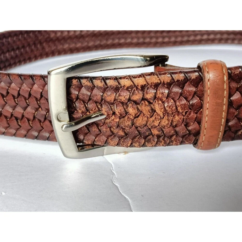 Torino Italian Leather Belt Tan Braided Woven Stretch 31 Inches USA made